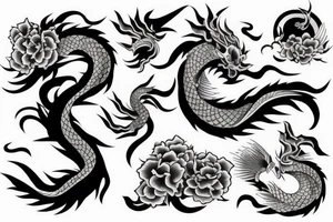 Arm tattoo, Japanese dragon surrounded by flowers and waves tattoo idea