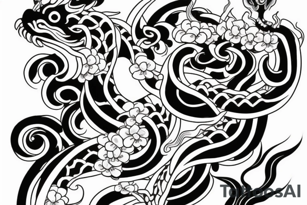 Arm tattoo, Japanese dragon surrounded by flowers and waves tattoo idea