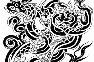 Arm tattoo, Japanese dragon surrounded by flowers and waves tattoo idea
