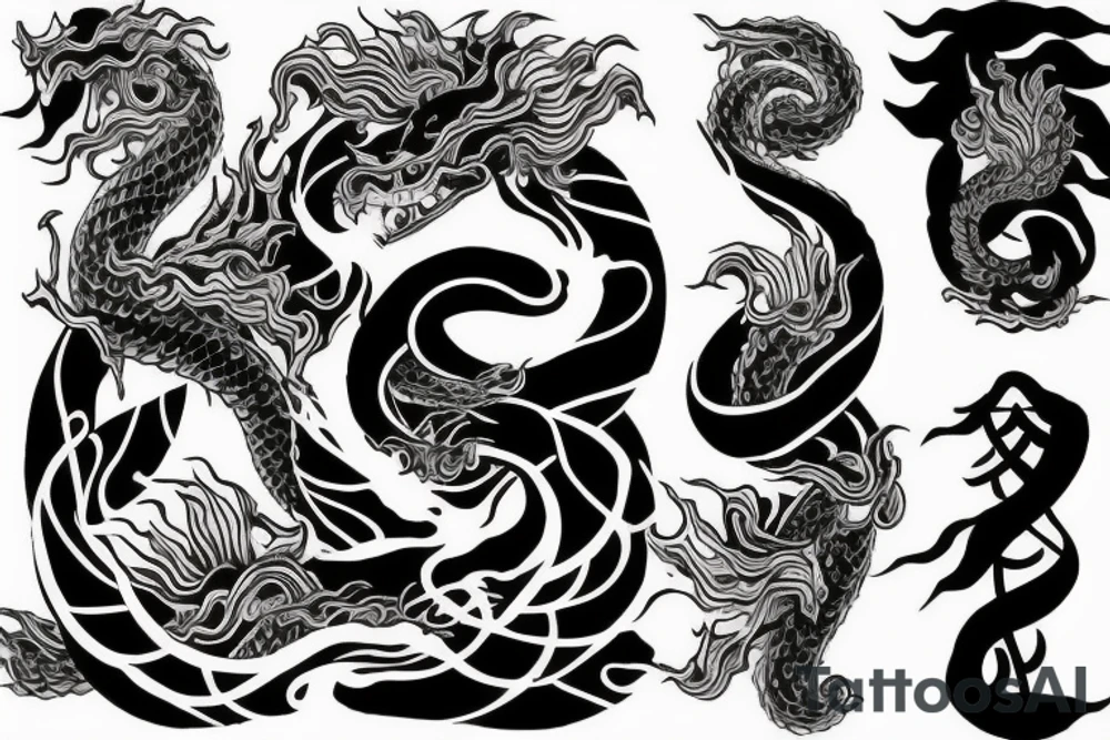 Arm tattoo, Japanese dragon surrounded by flowers and waves tattoo idea