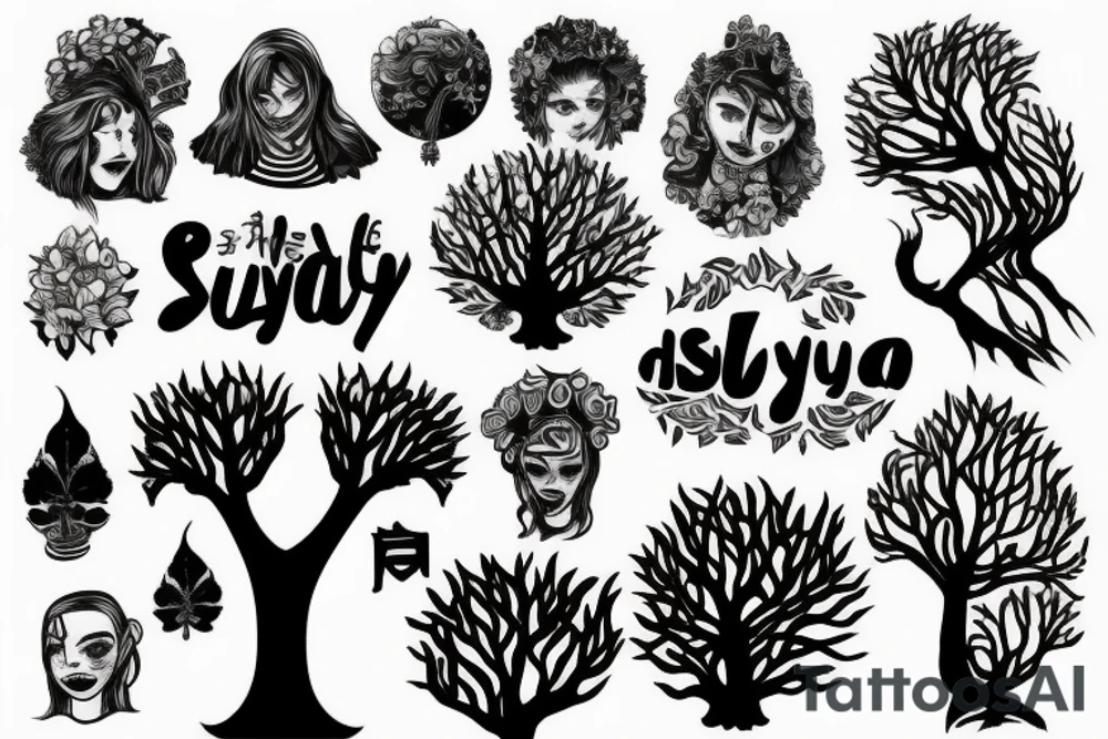 a tree without leaf under the tree a name should be added 'SAYU' tattoo idea