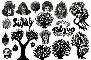 a tree without leaf under the tree a name should be added 'SAYU' tattoo idea