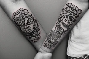 2cm armband that includes a turtle, Malaysian lion dance character, balinese gate, Taiwanese symbol, Chinese symbol,, palm tree, and the shape of the African continent tattoo idea