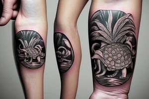 2cm armband that includes a turtle, Malaysian lion dance character, balinese gate, Taiwanese symbol, Chinese symbol,, palm tree, and the shape of the African continent tattoo idea