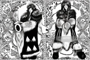 Siberian shaman in a fur coat made of animal skins with a tambourine in one hand tattoo idea