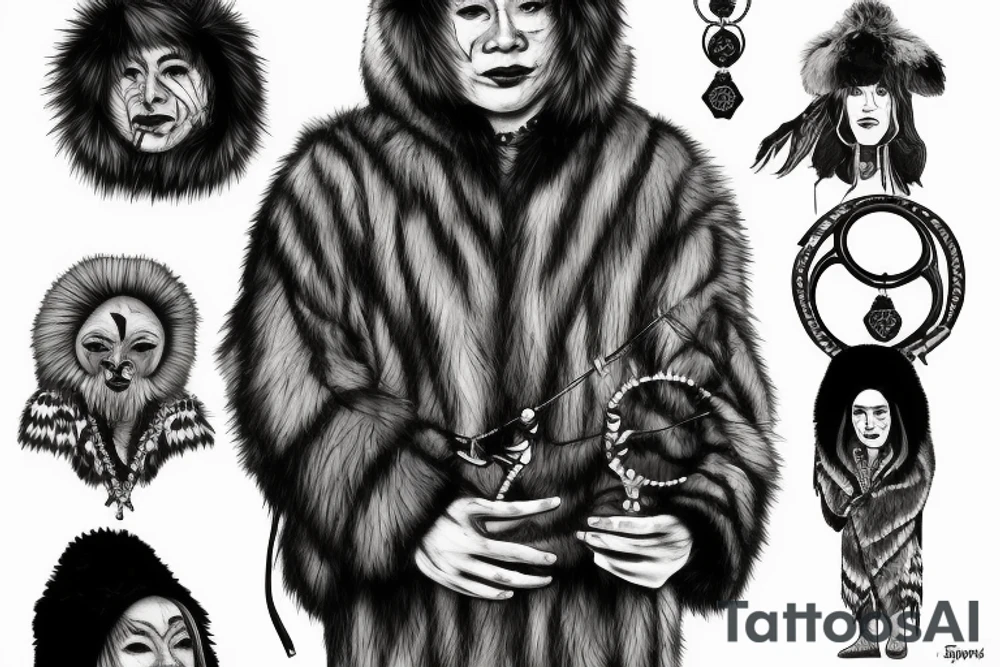 Siberian shaman in a fur coat made of animal skins with a tambourine in one hand tattoo idea