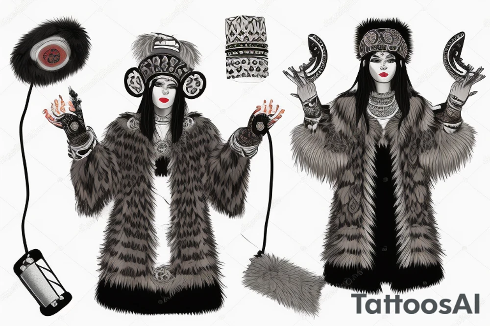 Siberian shaman in a fur coat made of animal skins with a tambourine in one hand tattoo idea