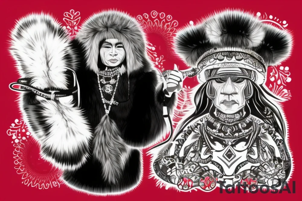 Siberian shaman in a fur coat made of animal skins with a tambourine in one hand tattoo idea