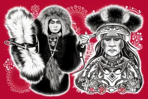 Siberian shaman in a fur coat made of animal skins with a tambourine in one hand tattoo idea