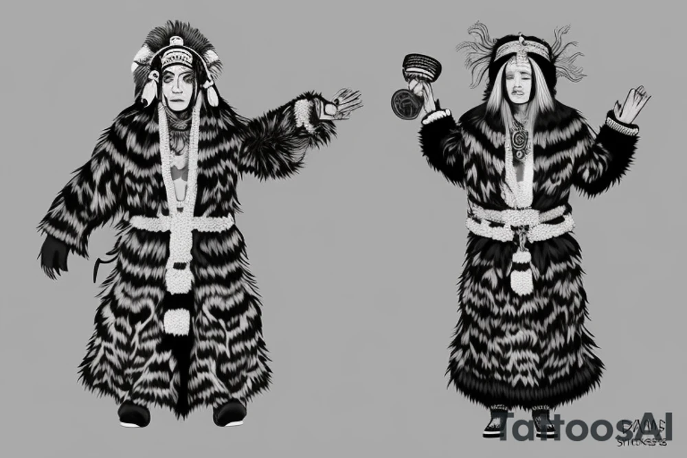 Siberian shaman in a fur coat made of animal skins with a tambourine in one hand tattoo idea