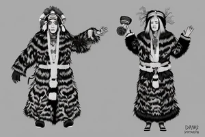 Siberian shaman in a fur coat made of animal skins with a tambourine in one hand tattoo idea