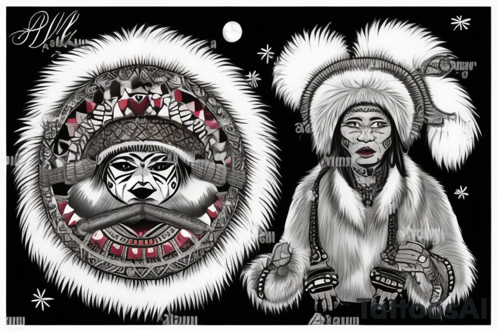 Siberian shaman in a fur coat made of animal skins with a tambourine in one hand tattoo idea