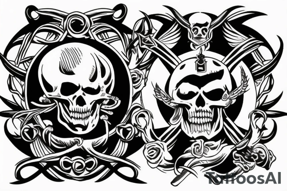 Full back, symbolism, with a burning skull at the center tattoo idea