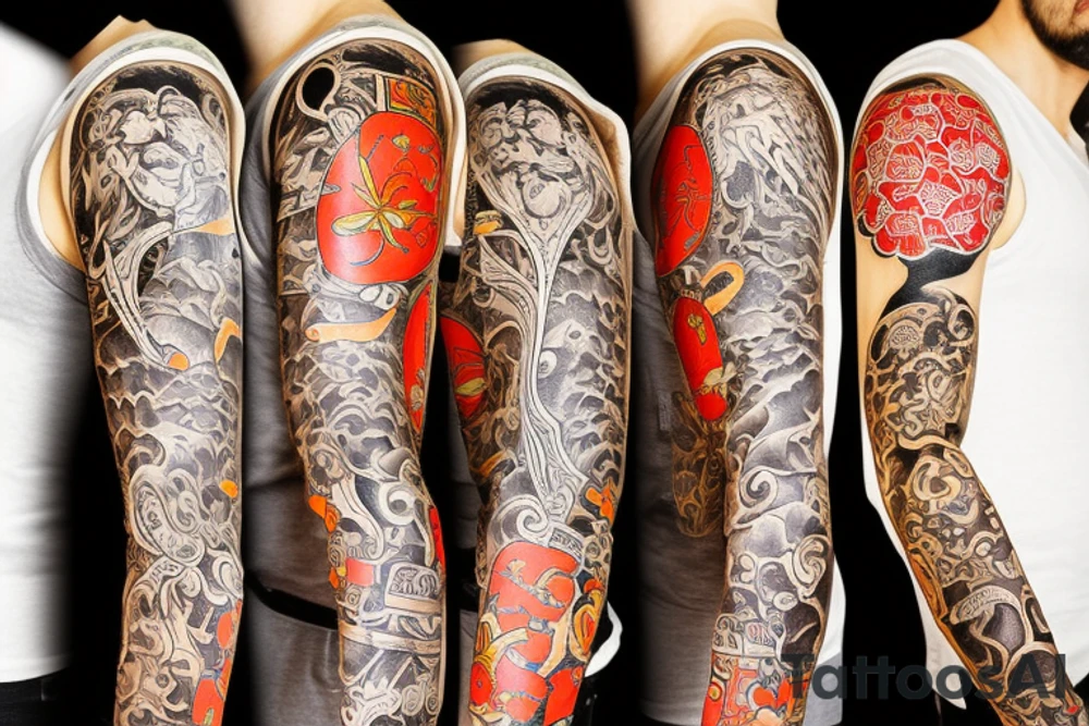 half lower sleeve culinary themed with a Japanese chef knife and food items including star anise walnut mushroom carrot peas lemon garlic glove onion asparagus ginger  colored bold outlines medieval style drawing and new school Japanese style tattoo idea