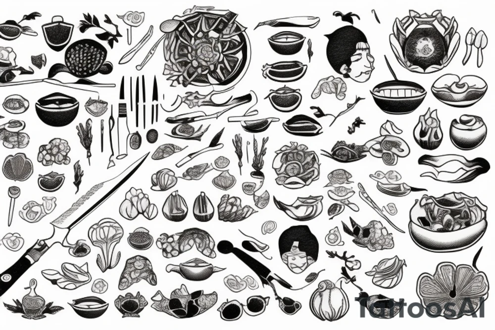 half lower sleeve culinary themed with a Japanese chef knife and food items including star anise walnut mushroom carrot peas lemon garlic glove onion asparagus ginger  colored bold outlines medieval style drawing and new school Japanese style tattoo idea
