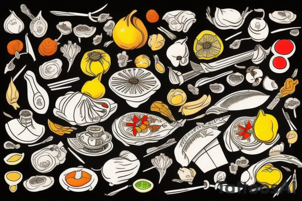 half lower sleeve culinary themed with a Japanese chef knife and food items including star anise walnut mushroom carrot peas lemon garlic glove onion asparagus ginger  colored bold outlines medieval style drawing and tattoo idea