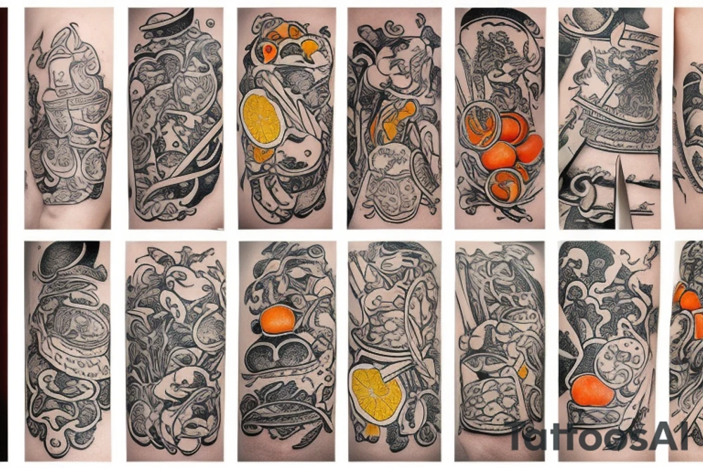 half lower sleeve culinary themed with a Japanese chef knife and food items including star anise walnut mushroom carrot peas lemon garlic glove onion asparagus ginger  colored bold outlines medieval style drawing and tattoo idea