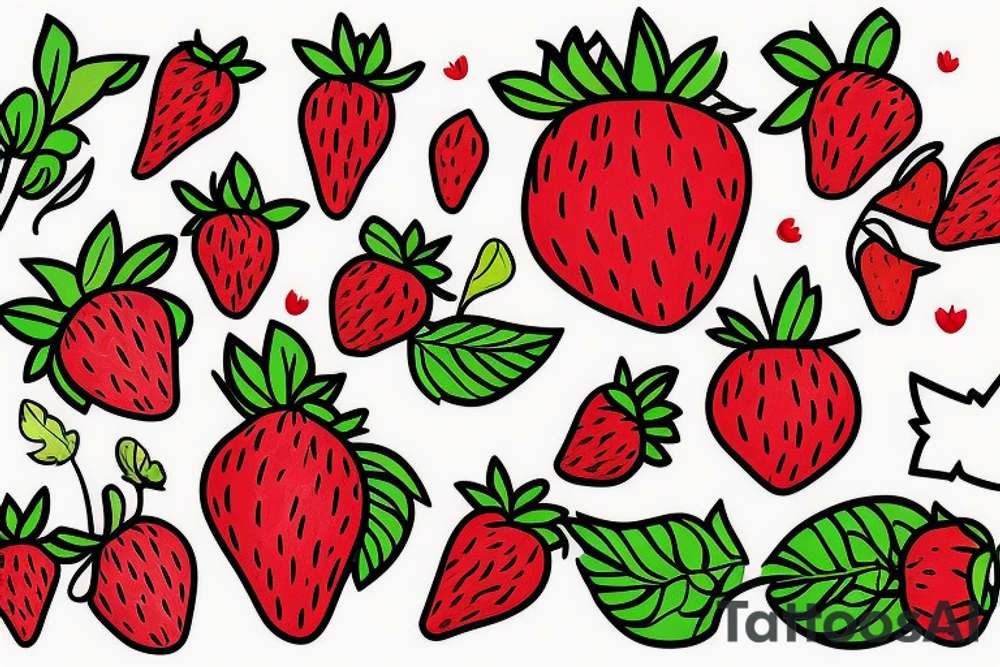 Strawberry plant with leaves and flowers tattoo idea