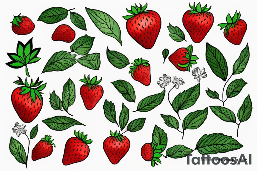 Strawberry plant with leaves and flowers tattoo idea