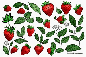 Strawberry plant with leaves and flowers tattoo idea