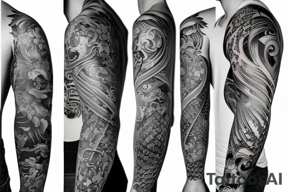 full sleeve tattoo with foodog, with a lot of lines tattoo idea