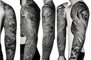 full sleeve tattoo with foodog, with a lot of lines tattoo idea