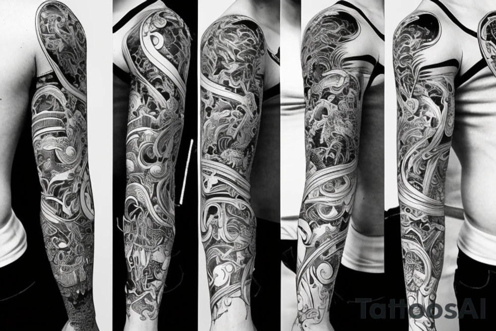 full sleeve tattoo with foodog, with a lot of lines tattoo idea