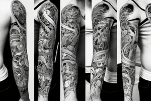 full sleeve tattoo with foodog, with a lot of lines tattoo idea