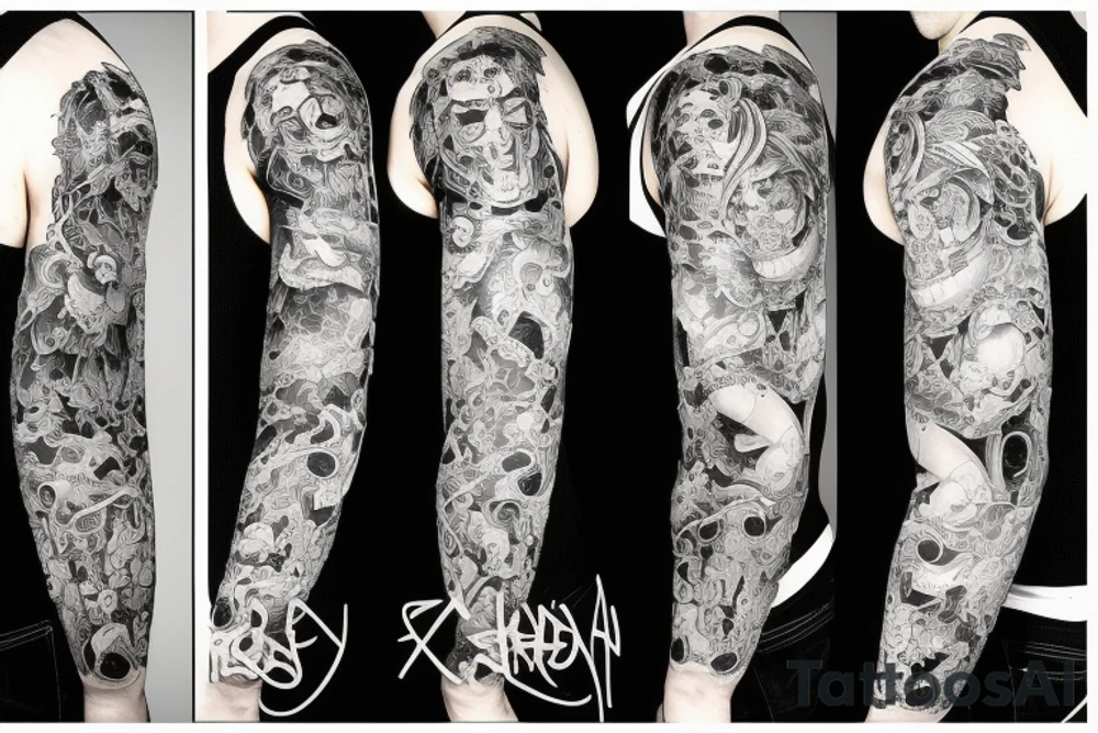 full sleeve tattoo with foodog, with a lot of lines tattoo idea