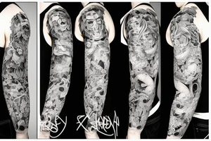 full sleeve tattoo with foodog, with a lot of lines tattoo idea