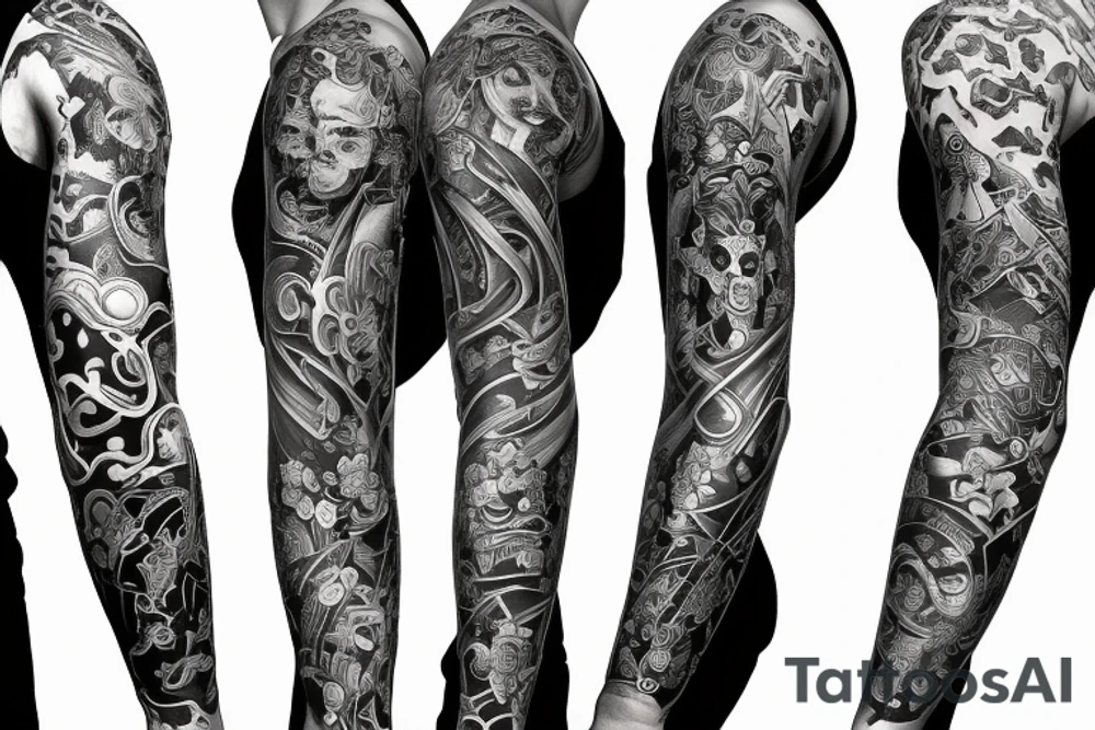 full sleeve tattoo with foodog, with a lot of lines tattoo idea