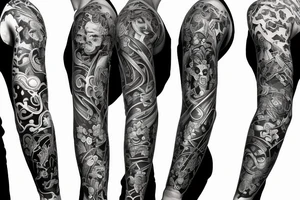 full sleeve tattoo with foodog, with a lot of lines tattoo idea