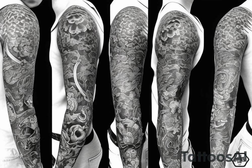full sleeve tattoo with foo dog, with a lot of lines tattoo idea