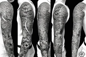 full sleeve tattoo with foo dog, with a lot of lines tattoo idea