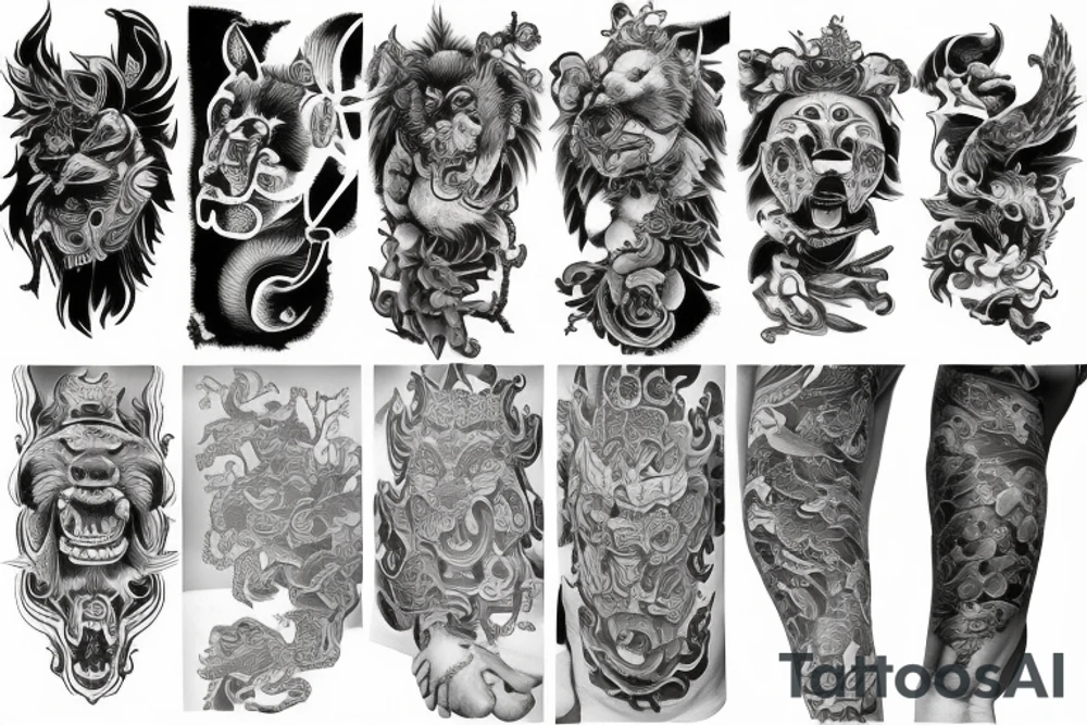 full sleeve tattoo with foo dog, with a lot of lines tattoo idea