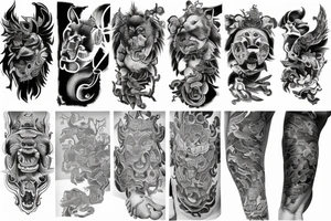full sleeve tattoo with foo dog, with a lot of lines tattoo idea