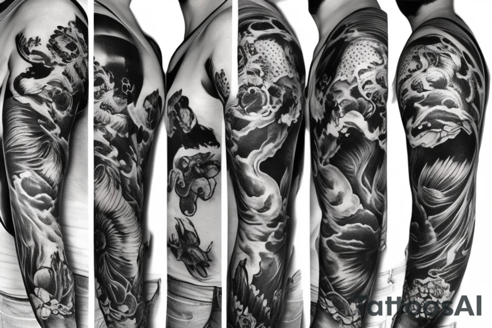 full sleeve tattoo with foo dog tattoo idea