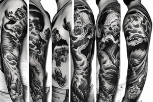 full sleeve tattoo with foo dog tattoo idea