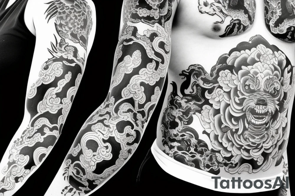 full sleeve tattoo with foo dog tattoo idea