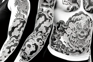 full sleeve tattoo with foo dog tattoo idea