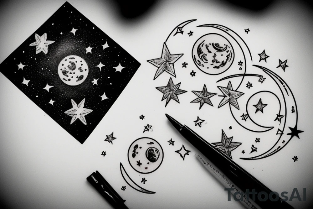 Sketch of the Moon with stars detailed tattoo idea