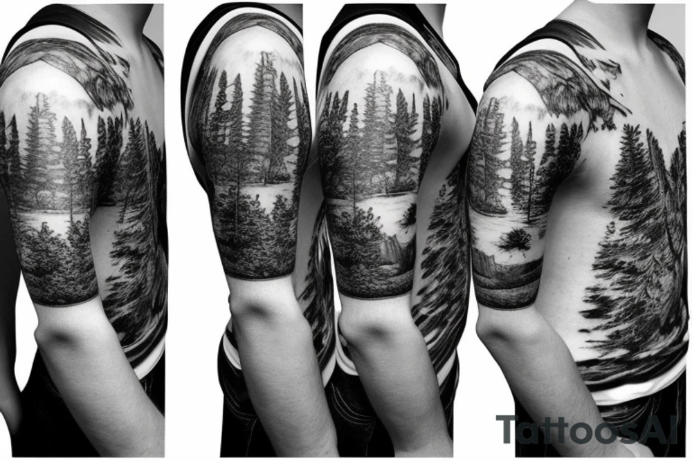 nature sleeve with trees mountains and animals tattoo idea