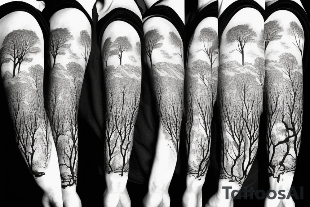 nature sleeve with trees mountains and animals tattoo idea