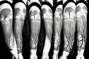 nature sleeve with trees mountains and animals tattoo idea