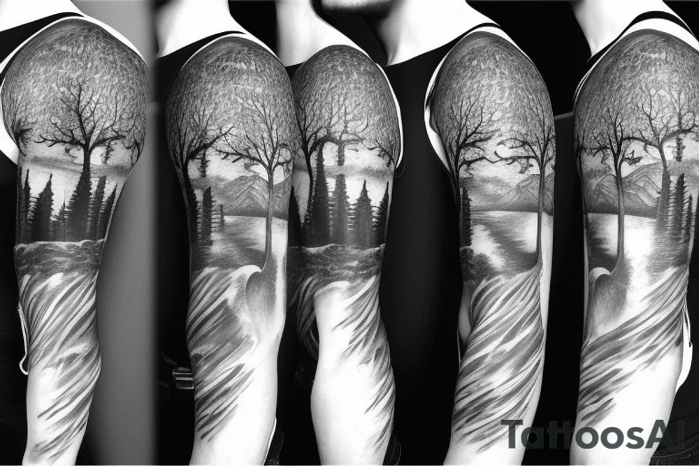 full nature sleeve with trees mountains and animals with a storm and norse mythology influence tattoo idea