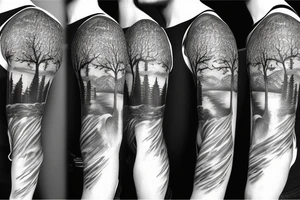 full nature sleeve with trees mountains and animals with a storm and norse mythology influence tattoo idea