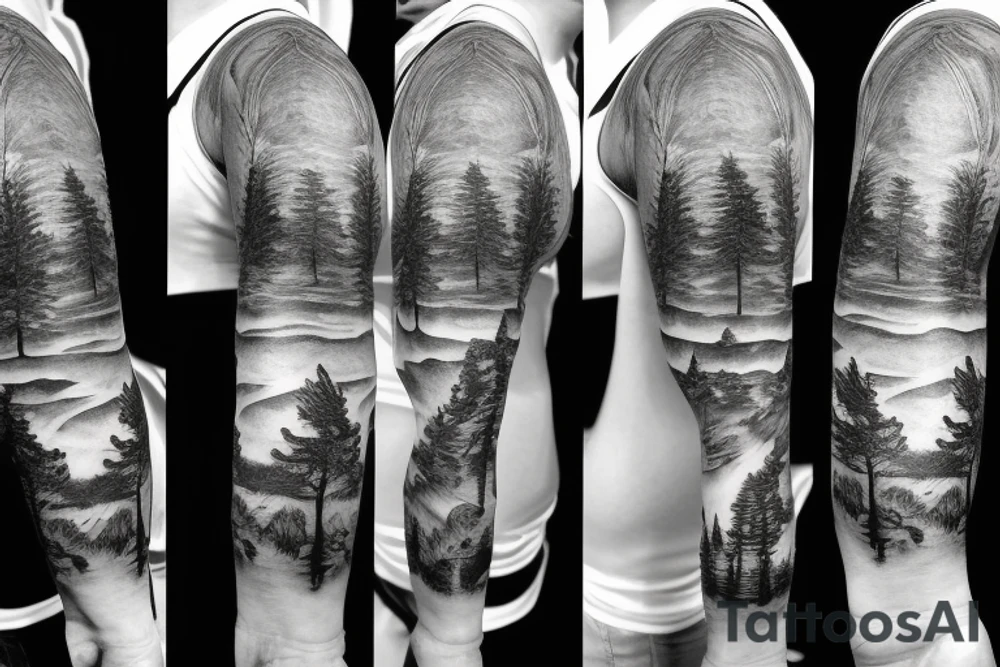 full nature sleeve with trees mountains and animals with a storm and norse mythology influence tattoo idea
