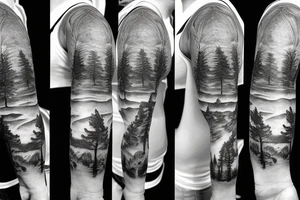 full nature sleeve with trees mountains and animals with a storm and norse mythology influence tattoo idea