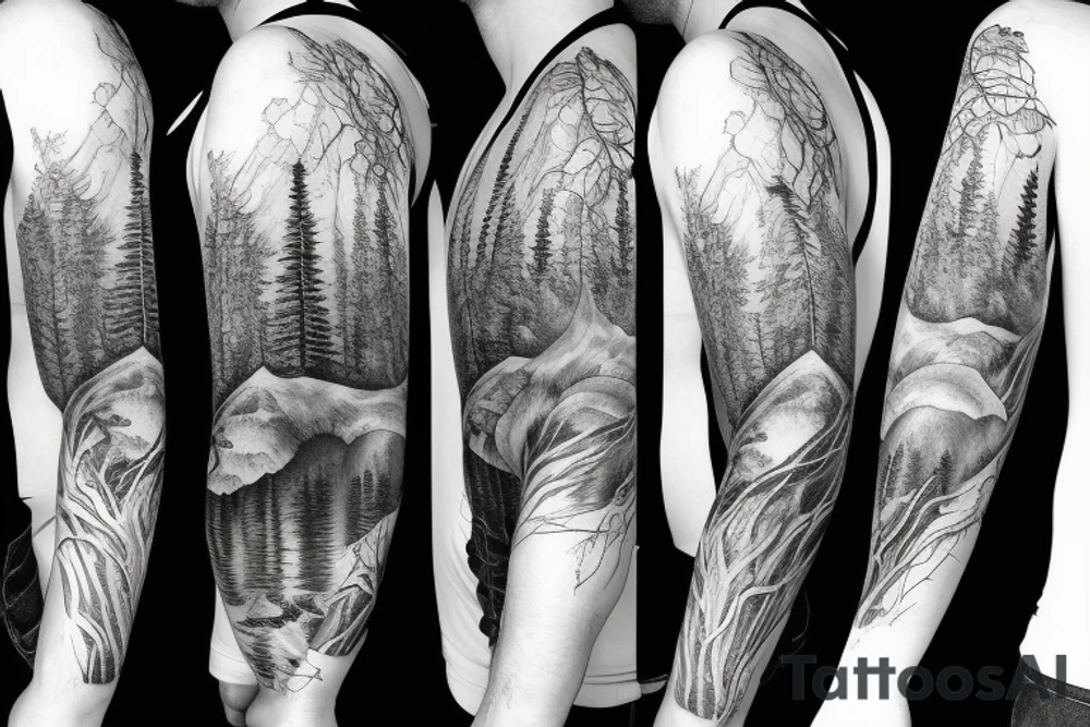 full nature sleeve with trees mountains and animals with a storm and norse mythology influence tattoo idea