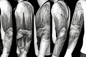 full nature sleeve with trees mountains and animals with a storm and norse mythology influence tattoo idea